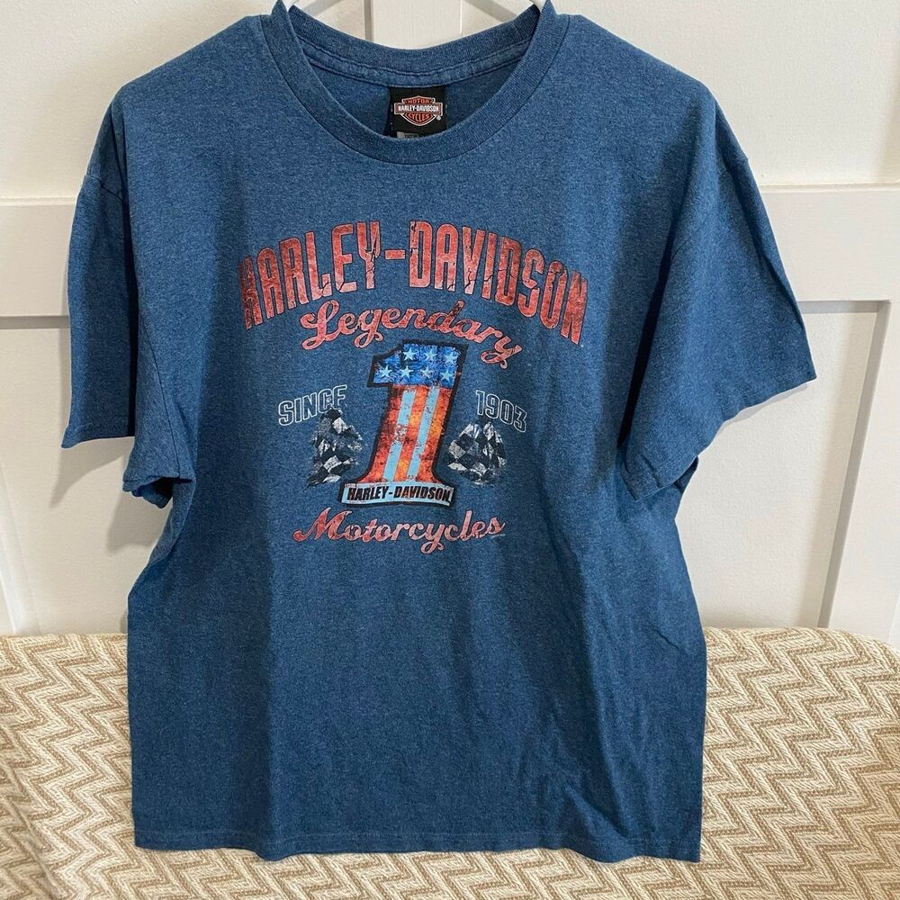 Harley Davidson Men's Legendary US 129 Dragon Short Sleeve Shirt Blue Size Large